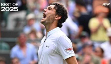 Taylor Fritz defeats Giovanni Mpetshi Perricard in five sets in the first round at Wimbledon.