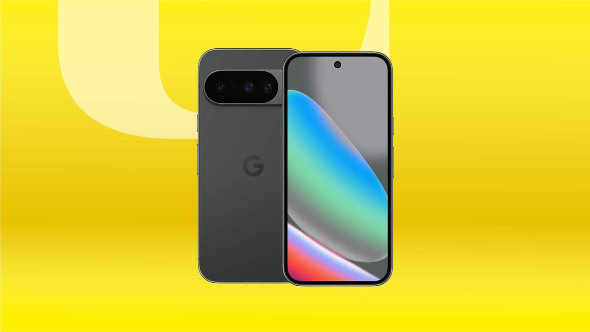 A gray Google Pixel phone against a yellow gradient CNET background.