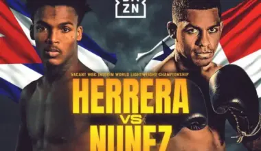 Promotional poster showing Jadier Herrera and Ricardo Nunez facing forward with national flags behind them, advertising their WBC interim lightweight title fight scheduled for January 10, 2026, in Oberhausen, Germany.