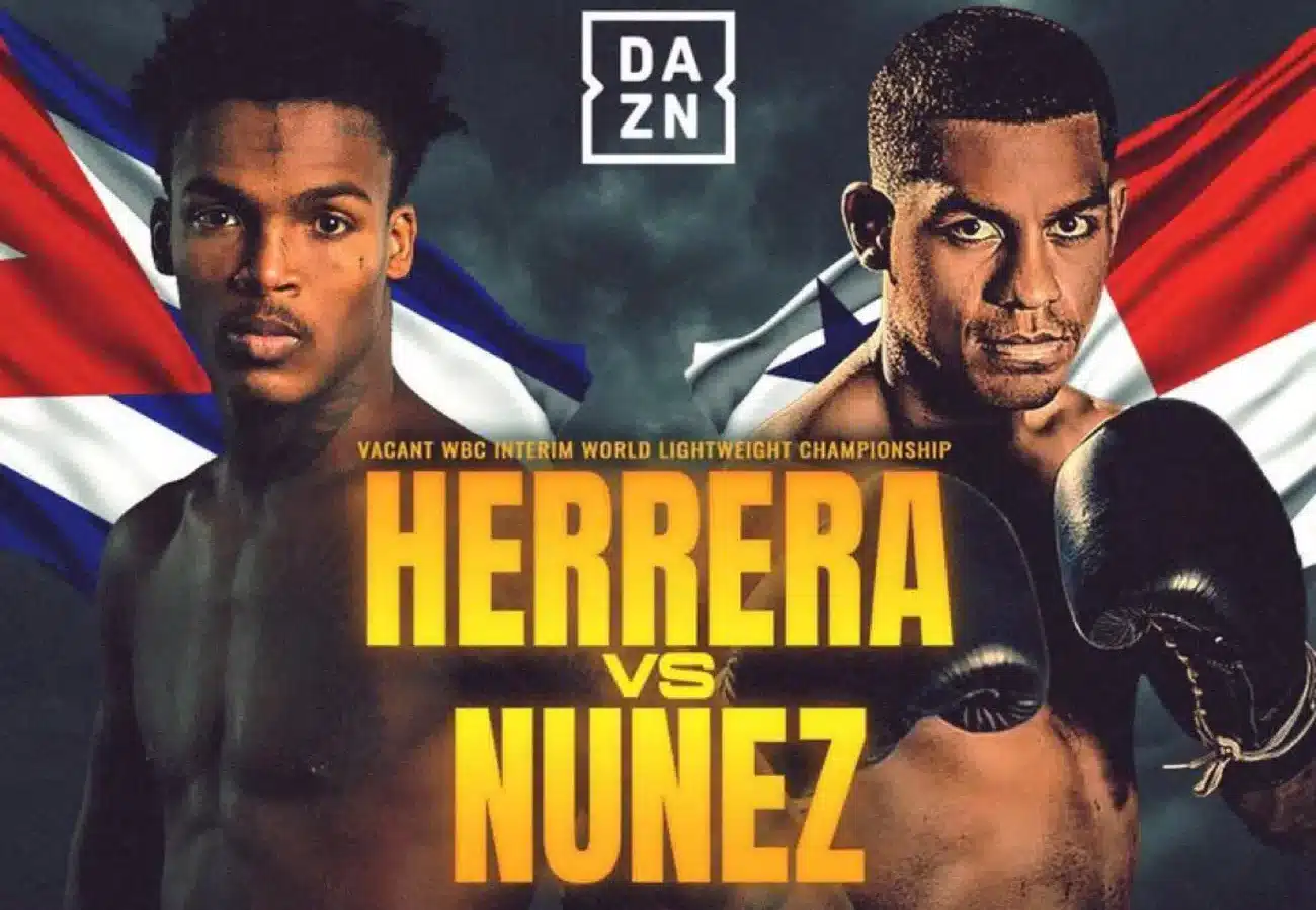 Promotional poster showing Jadier Herrera and Ricardo Nunez facing forward with national flags behind them, advertising their WBC interim lightweight title fight scheduled for January 10, 2026, in Oberhausen, Germany.
