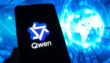 The Qwen chatbot app logo is displayed on a smartphone screen, with a digital globe and binary code in the background.