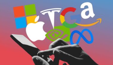 A photo close-up of a person using a mobile phone and the logos of Microsoft, Apple, Tesla, Google, Amazon, Meta and Nvidia