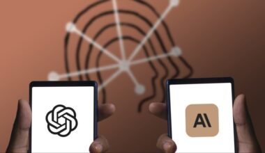 Two hands each hold a phone; one displays the OpenAI logo, the other the Anthropic AI logo, with an abstract head and network graphic in the background.