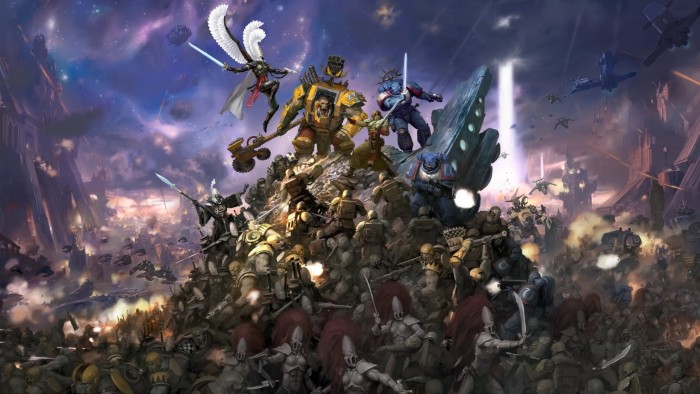An illustration showing various Warhammer 40,000 factions in battle, including Space Marines, Imperial Guard, Adepta Sororitas, and Eldar, amid a chaotic sci-fi battlefield.