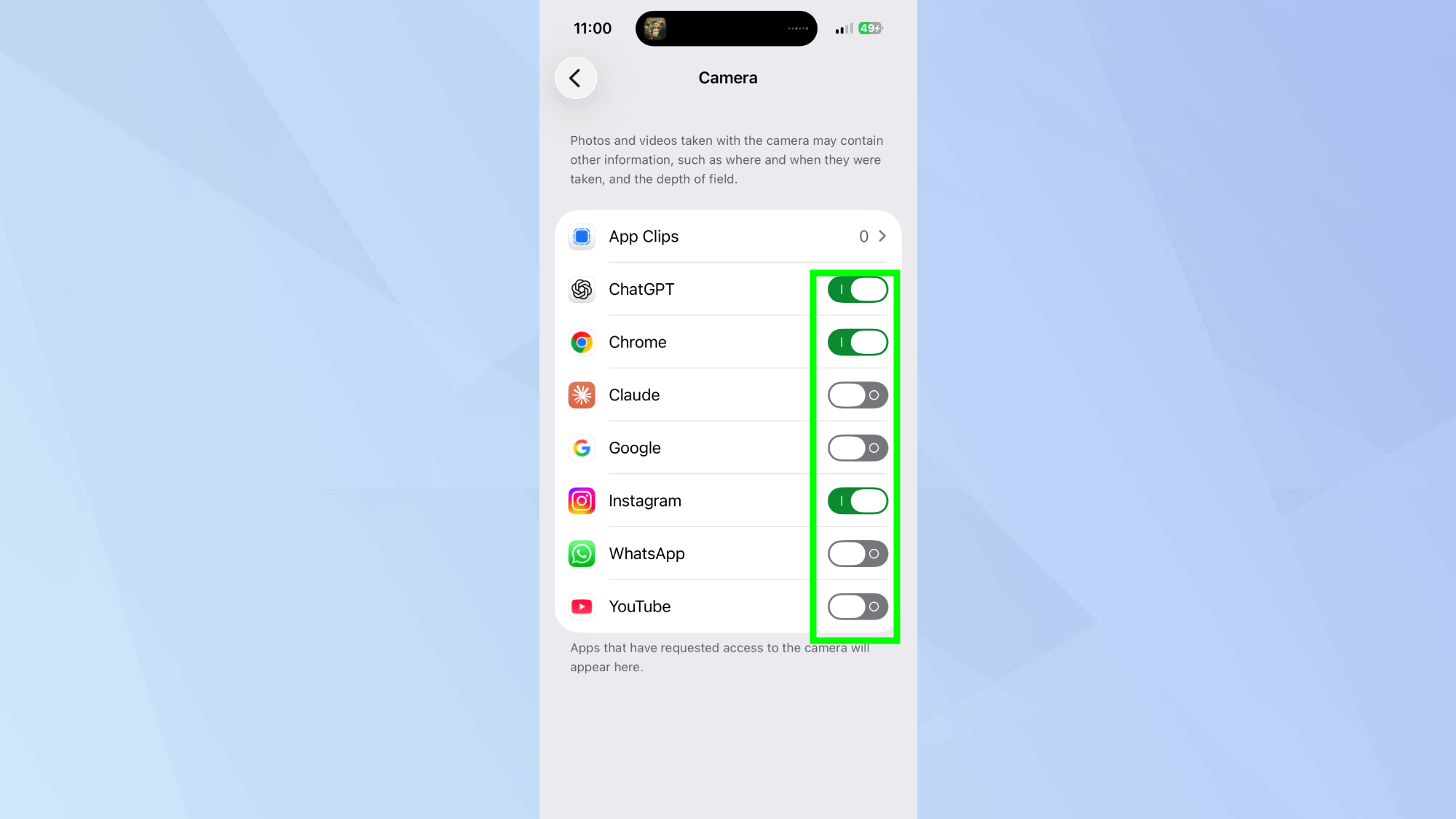 Toggling off camera access in privacy settings iPhone