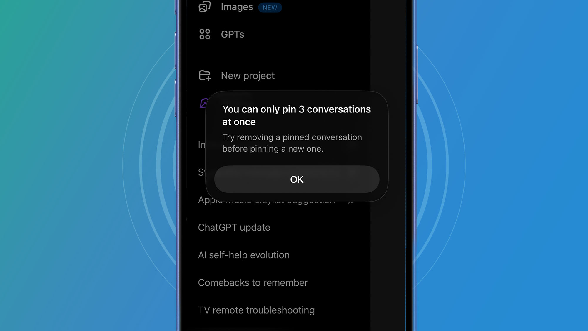ChatGPT pinned chats limit