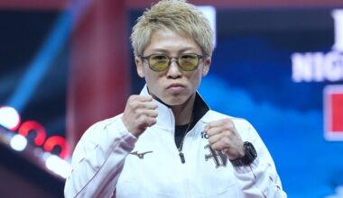 Naoya Inoue raises his fists during fighter arrivals ahead of his bout with David Picasso on December 27, 2025, at the Mohammed Abdo Arena in Riyadh, Saudi Arabia.