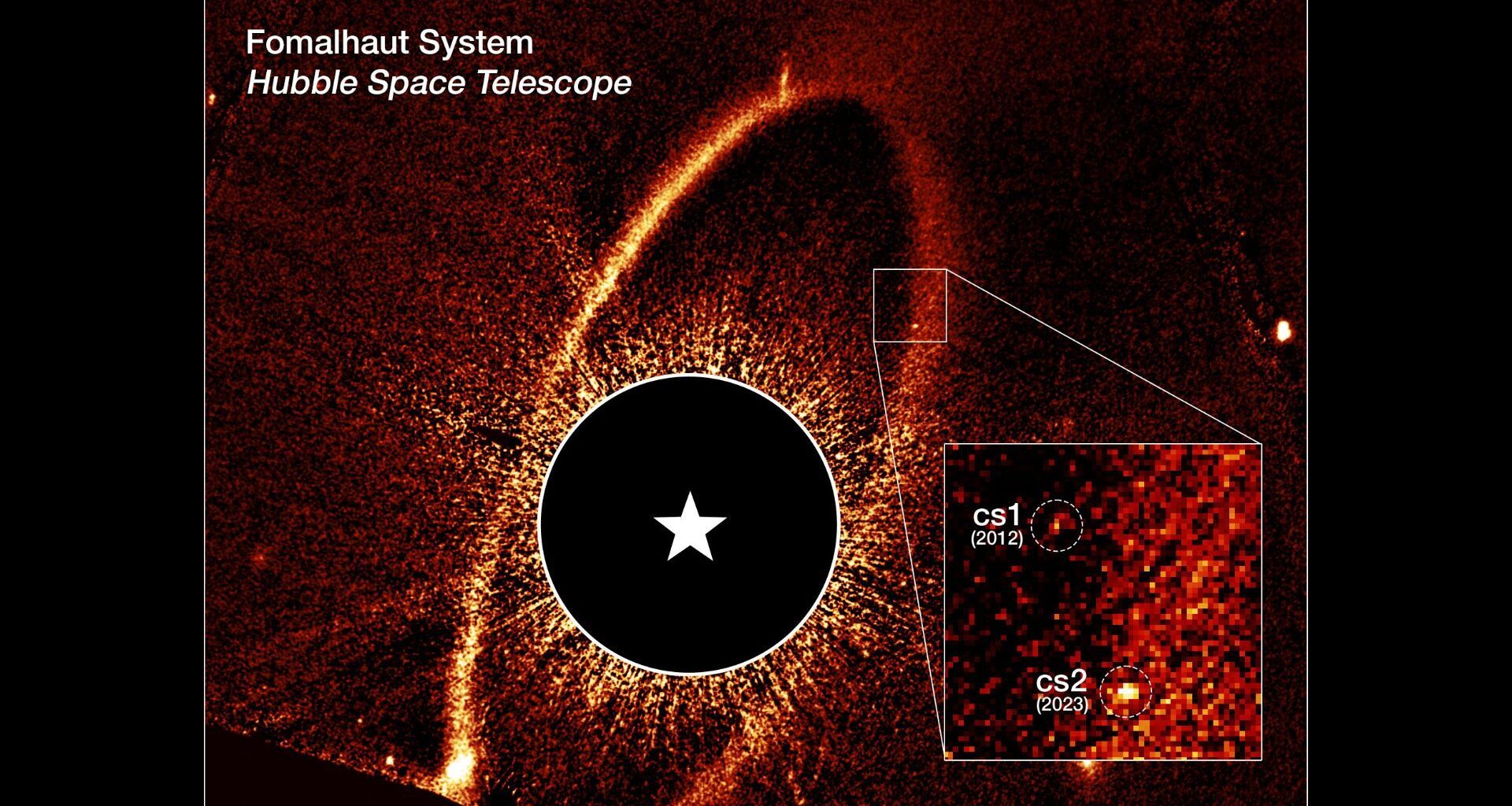 Composite image. A black circle is in the middle surrounded by a ring of yellow and orange spindles. A box inset highlights the location of the dust clouds.