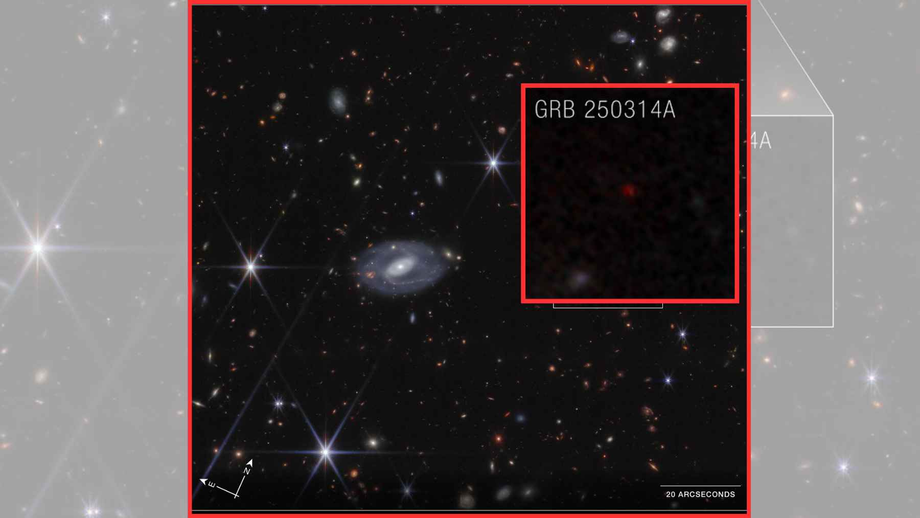 James Webb Space Telescope image highlighting supernova GRB 250314A with an inset callout