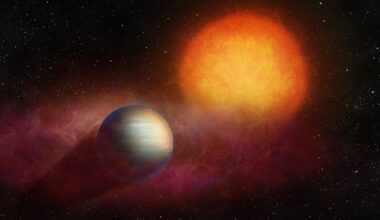 An illustration of a distant planet shrouded in purple hydrogen gas