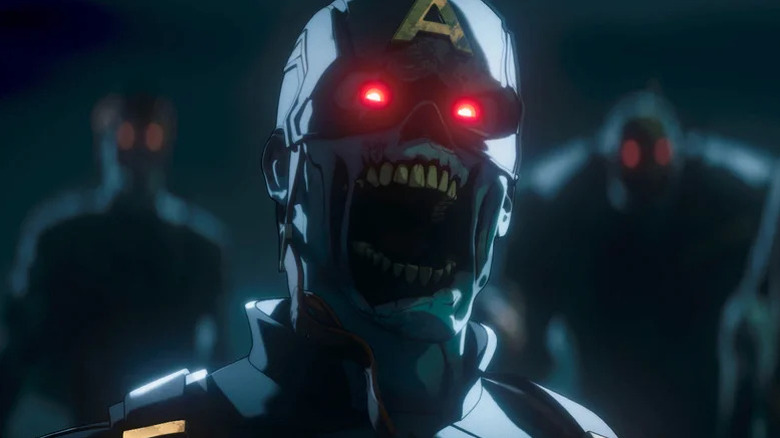 Zombie Captain America with glowing eyes and a gaping mouth on Marvel Zombies