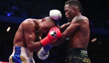 Subriel Matias lands a punch on Alberto Puello during their WBC light welterweight title fight on July 12, 2025, in Queens, New York.