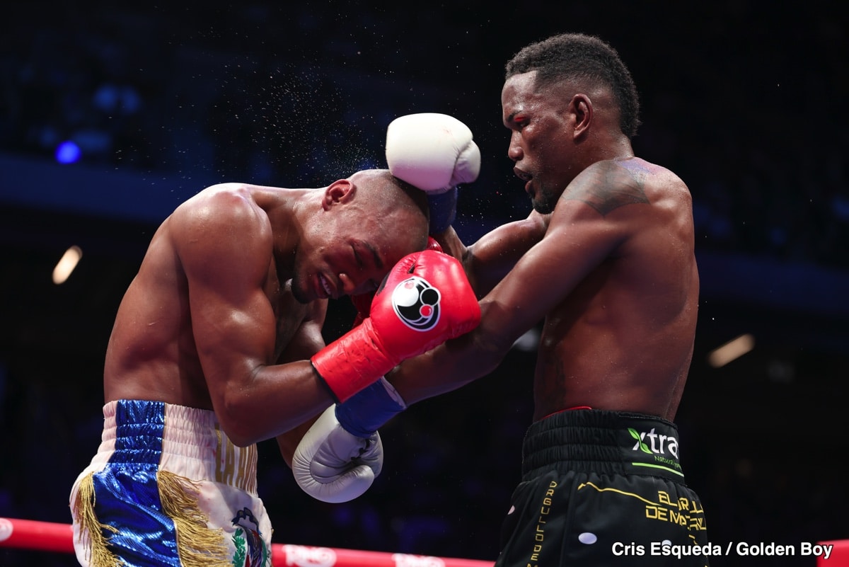 Subriel Matias lands a punch on Alberto Puello during their WBC light welterweight title fight on July 12, 2025, in Queens, New York.