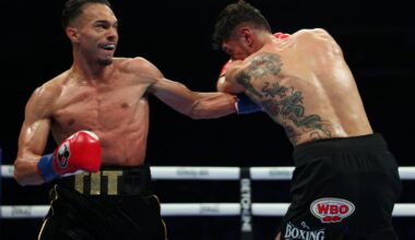 Ernesto Mercado lands a left hand on Antonio Moran during their WBO International light welterweight title fight