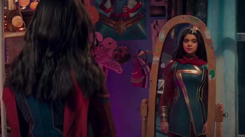 Iman Vellani's Kamala Khan looking in a mirror on Ms. Marvel