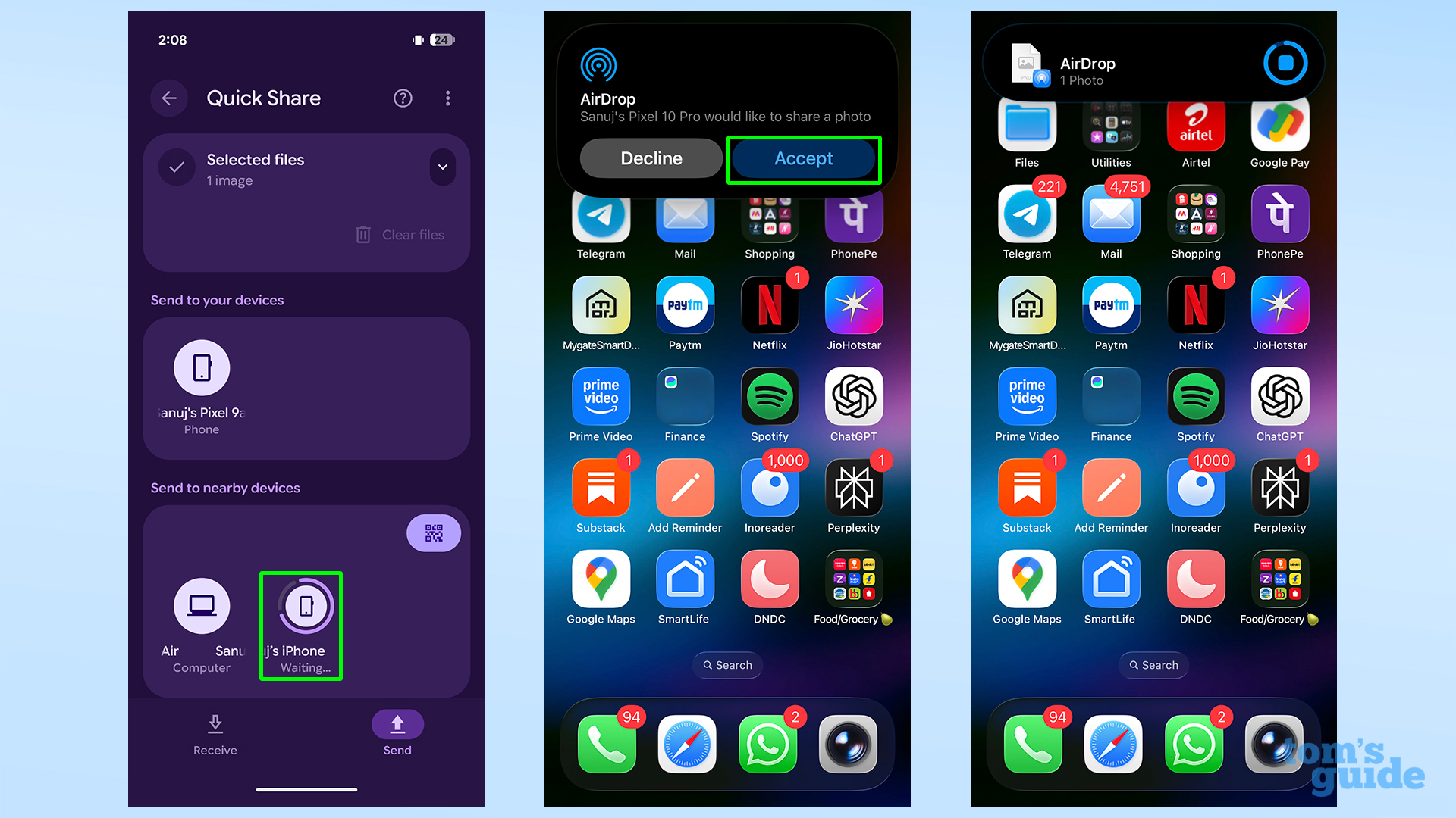 Selecting an iPhone and receiving a file sent by a Pixel 10 when using Quick Share between iPhone and Pixel