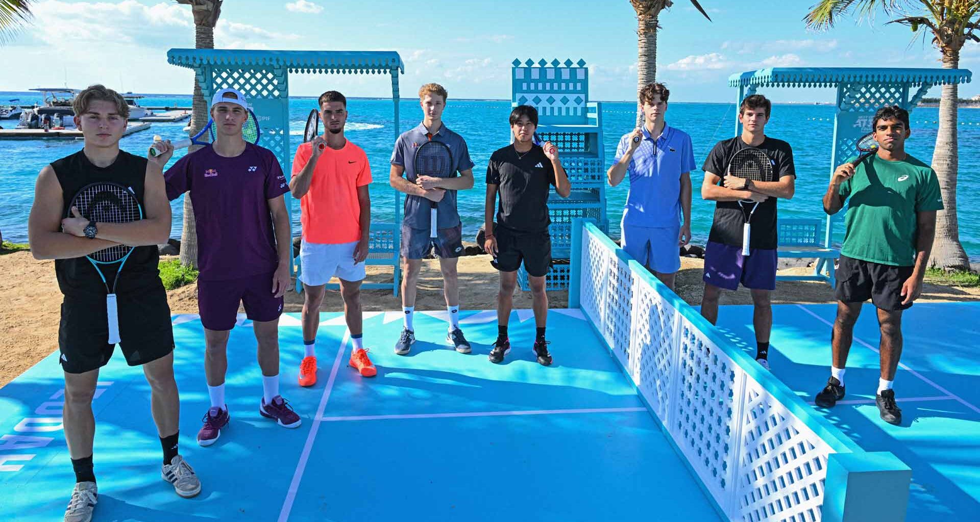 Justin Engel, Nicolai Budkov Kjaer, Dino Prizmic, Martin Landaluce, Learner Tien, Alexander Blockx, Rafael Jodar and Nishesh Basavareddy pose for the official group photo of the 2025 Next Gen ATP Finals presented by PIF.