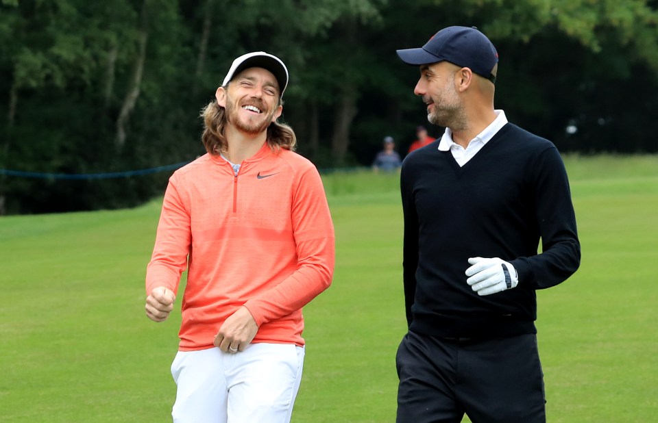 Tommy Fleetwood and Pep Guardiola laughing on the golf course
