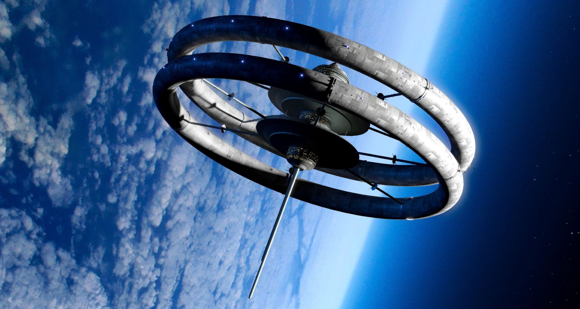 An illustration of a space station made of two large circular stacked rings connected by metal spires in between floating above Earth