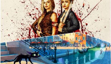 A split image featuring two women with weapons and blood splatter above, representing a horror theme, and a colorful animated scene of a canal with a cartoon black cat below, highlighting a lighthearted mood.