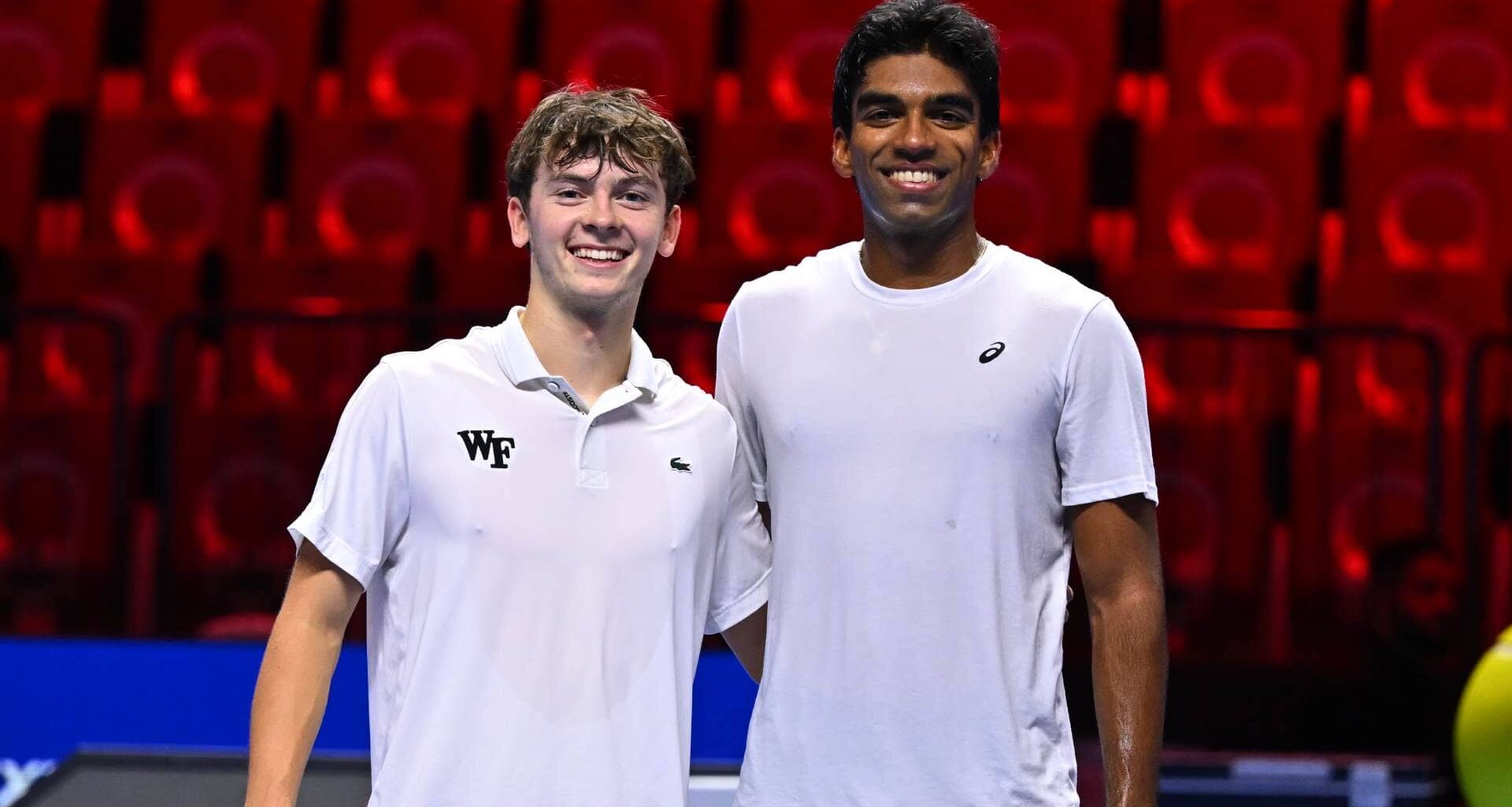Charlie Robertson and Nishesh Basavareddy practise at the Next Gen ATP Finals in Jeddah.