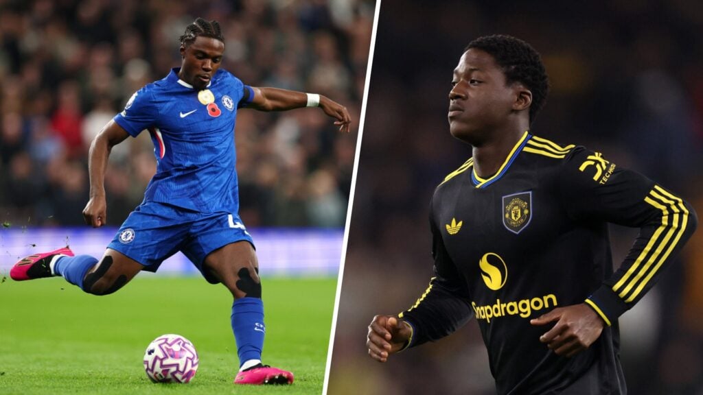 Chelsea midfielder Romeo Lavia preparing a pass and Manchester United midfielder Kobbie Mainoo jogging