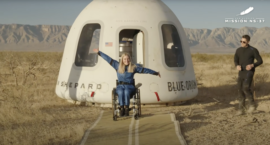 Michi Benthaus poses after her historic flight into space.