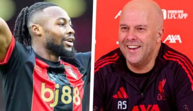 Liverpool head coach Arne Slot at a press conference answering questions about signing Antoine Semenyo.