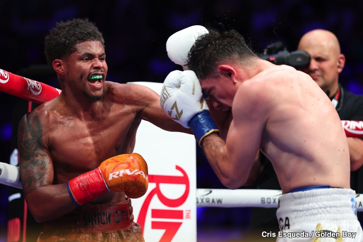 Shakur Stevenson lands a left hand on William Zepeda during their bout at Louis Armstrong Stadium in Queens, New York, on July 12, 2025.