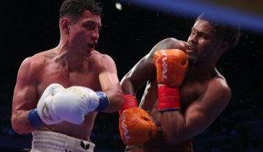 Shakur Stevenson raises his guard to block a left hand from William Zepeda during their fight on July 12, 2025, at Louis Armstrong Stadium in Queens, New York.