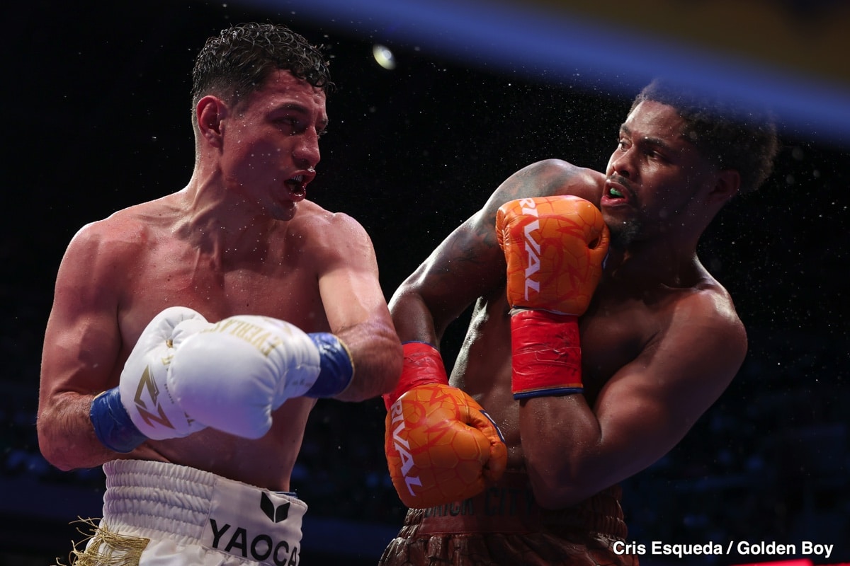 Shakur Stevenson raises his guard to block a left hand from William Zepeda during their fight on July 12, 2025, at Louis Armstrong Stadium in Queens, New York.