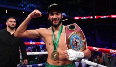 Hamzah Sheeraz poses in the ring with his championship belt after stopping Edgar Berlanga in the fifth round at Louis Armstrong Stadium in Queens, New York.
