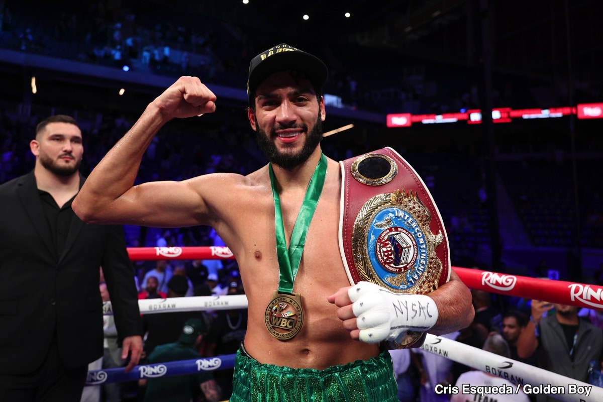 Hamzah Sheeraz poses in the ring with his championship belt after stopping Edgar Berlanga in the fifth round at Louis Armstrong Stadium in Queens, New York.