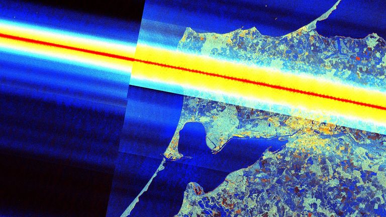 On 1 May, SAR imagery shows frequency disruption over Kaliningrad and the Baltic coast. Pic: Copernicus