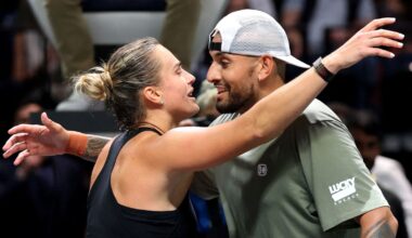 Nick Kyrgios and Aryna Sabalenka embraced at the net after their match. Pic: Reuters