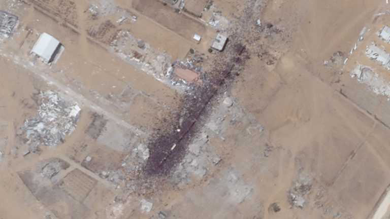 In south Gaza, hundreds of Palestinians appeared to crowd around an aid convoy, seen from space. Pic: Planet Labs