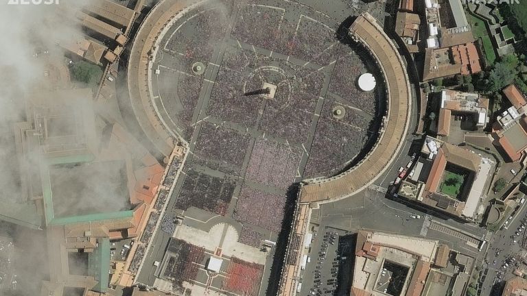 Thousands of people gathered outside St Peter’s Basilica in the Vatican on 26 April to mourn Pope Francis. Pic: Vantor and EUSI.