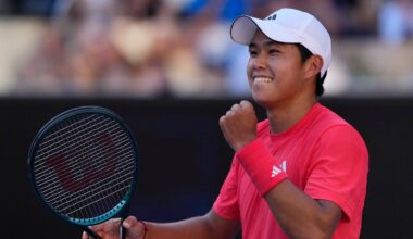 Learner Tien of the U.S. celebrates after defeating Corentin Moutet of France in their third round match at the Australian Open tennis championship in Melbourne, Australia, Saturday, Jan. 18, 2025. (AP Photo/Vincent Thian)