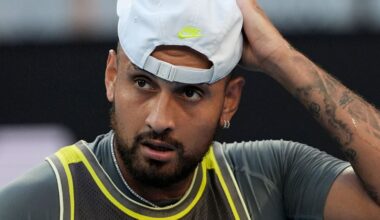 Nick Kyrgios of Australia prepares to serve to Jacob Fearnley of Britain during their first round match at the Australian Open tennis championship in Melbourne, Australia, Monday, Jan. 13, 2025. (AP Photo/Ng Han Guan)