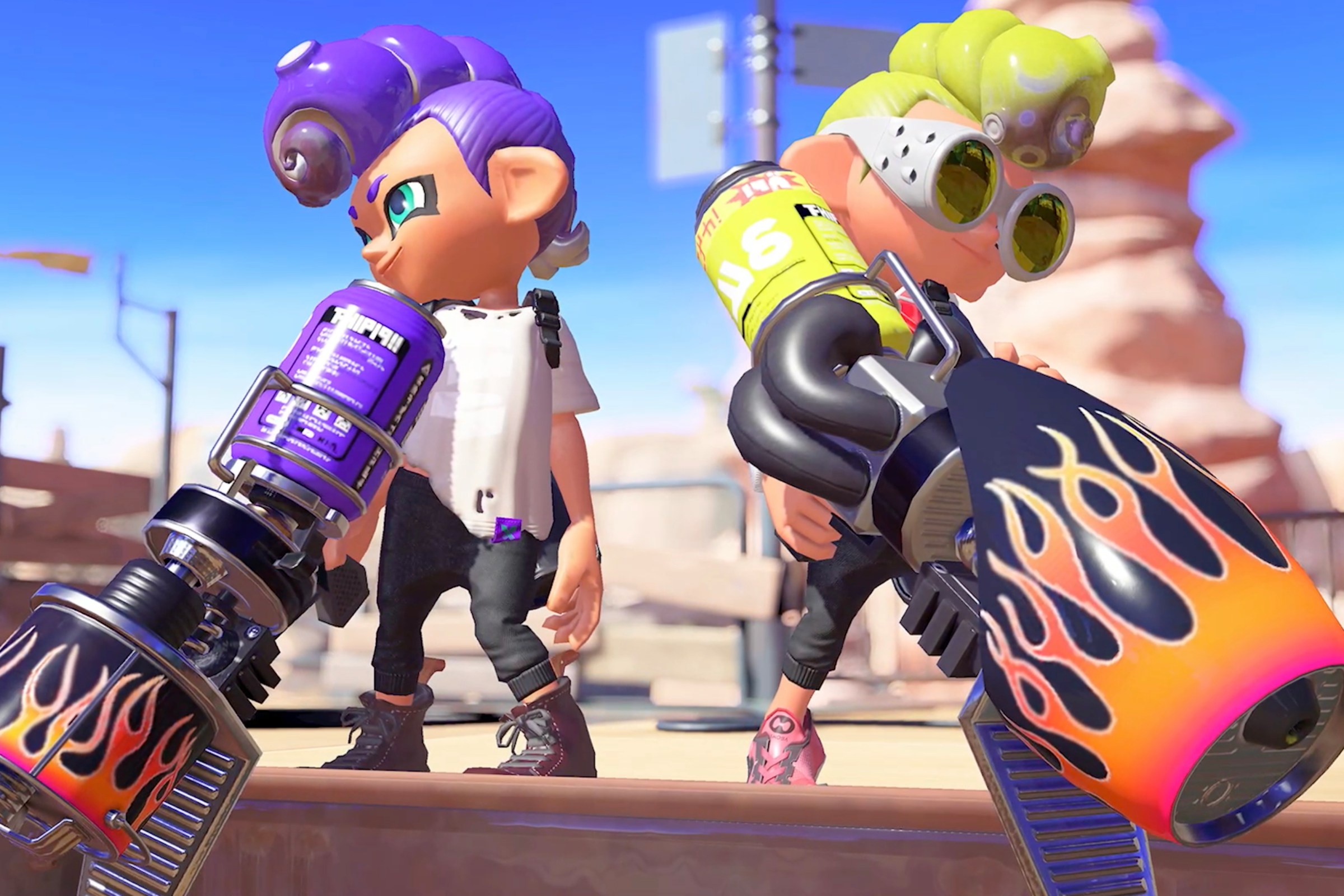 A screenshot of Splatoon 3, showing two characters back to back, each holding a bazooka that shoots ink.