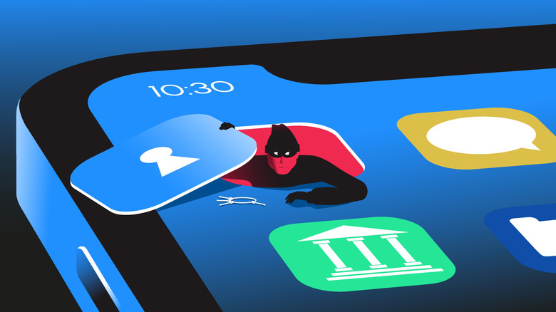 A render of a masked man holding an iOS app icon while climbing out of the app