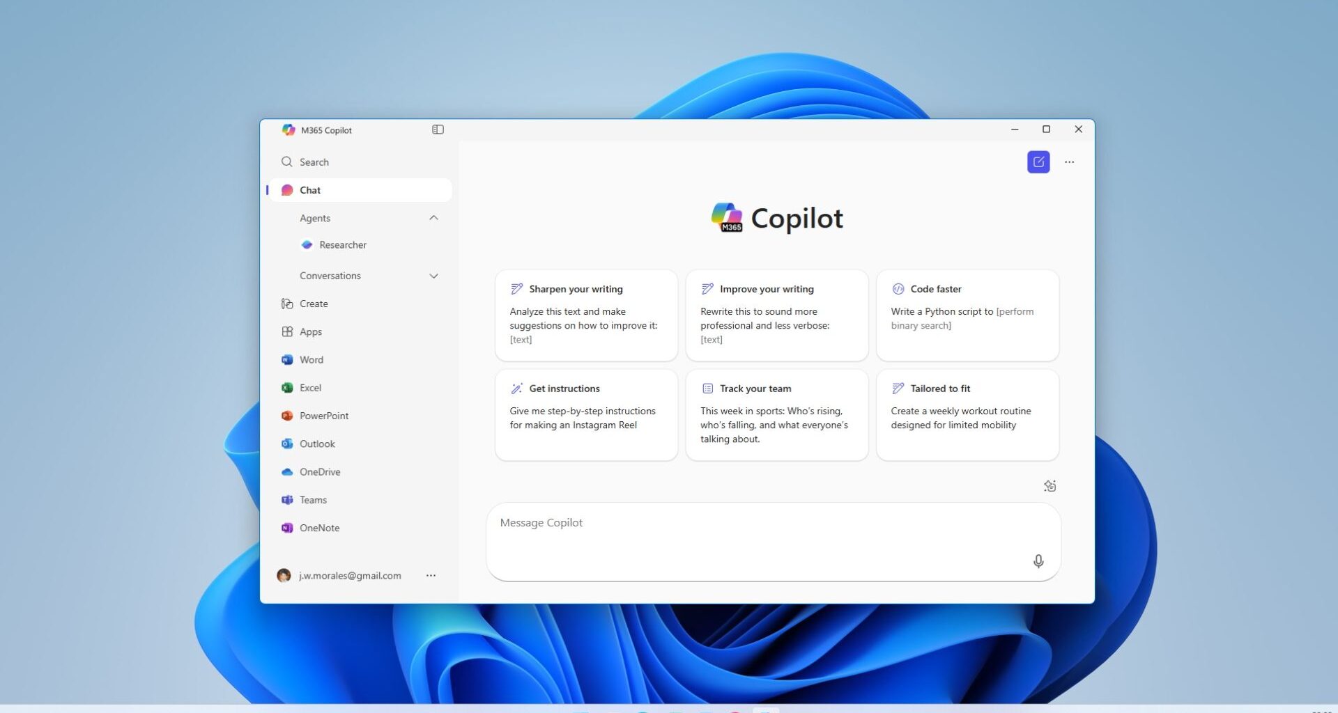 screenshot of Microsoft 365 Copilot installed on Windows 11