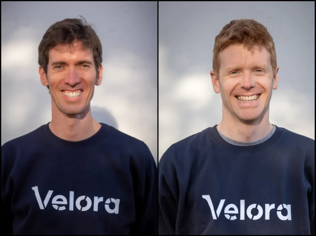 Headshots of Velora co-founders Peter Stuart and Danny Bellion, with both wearing Velora sweatshirts
