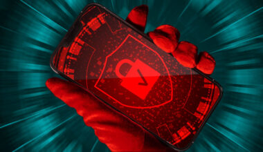 Illustration of a gloved hand holding a smartphone that displays an image of a padlock with a Verizon logo