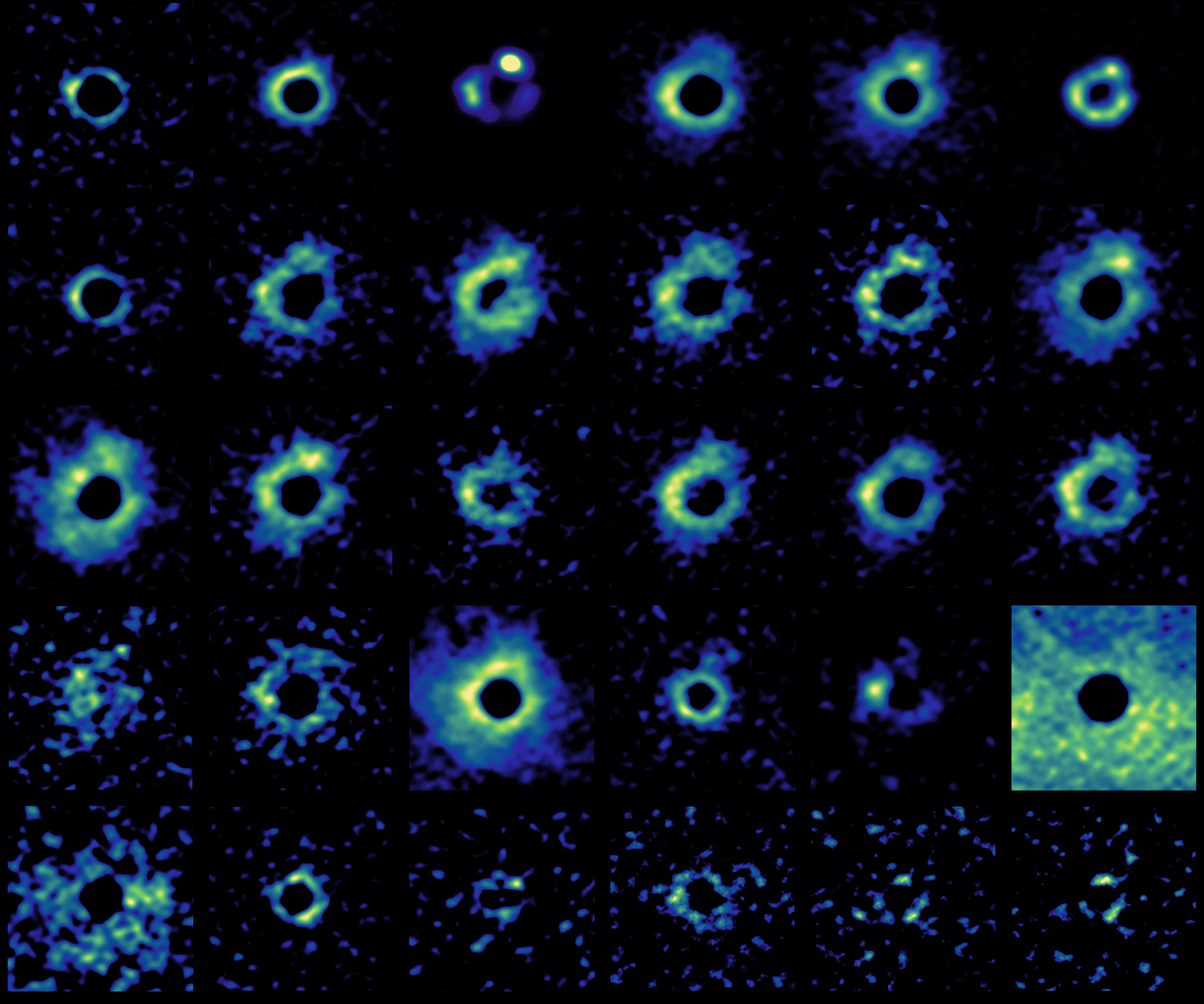 A series of small squares and images showing green and light blue rings over a dark blue background