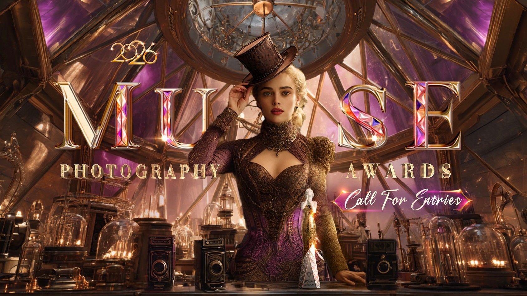 A highly stylized, steampunk-themed promotional image for the 2026 MUSE Photography Awards featuring a woman in a purple corset and top hat standing behind a counter of antique cameras and glassware, with text reading "Call For Entries."