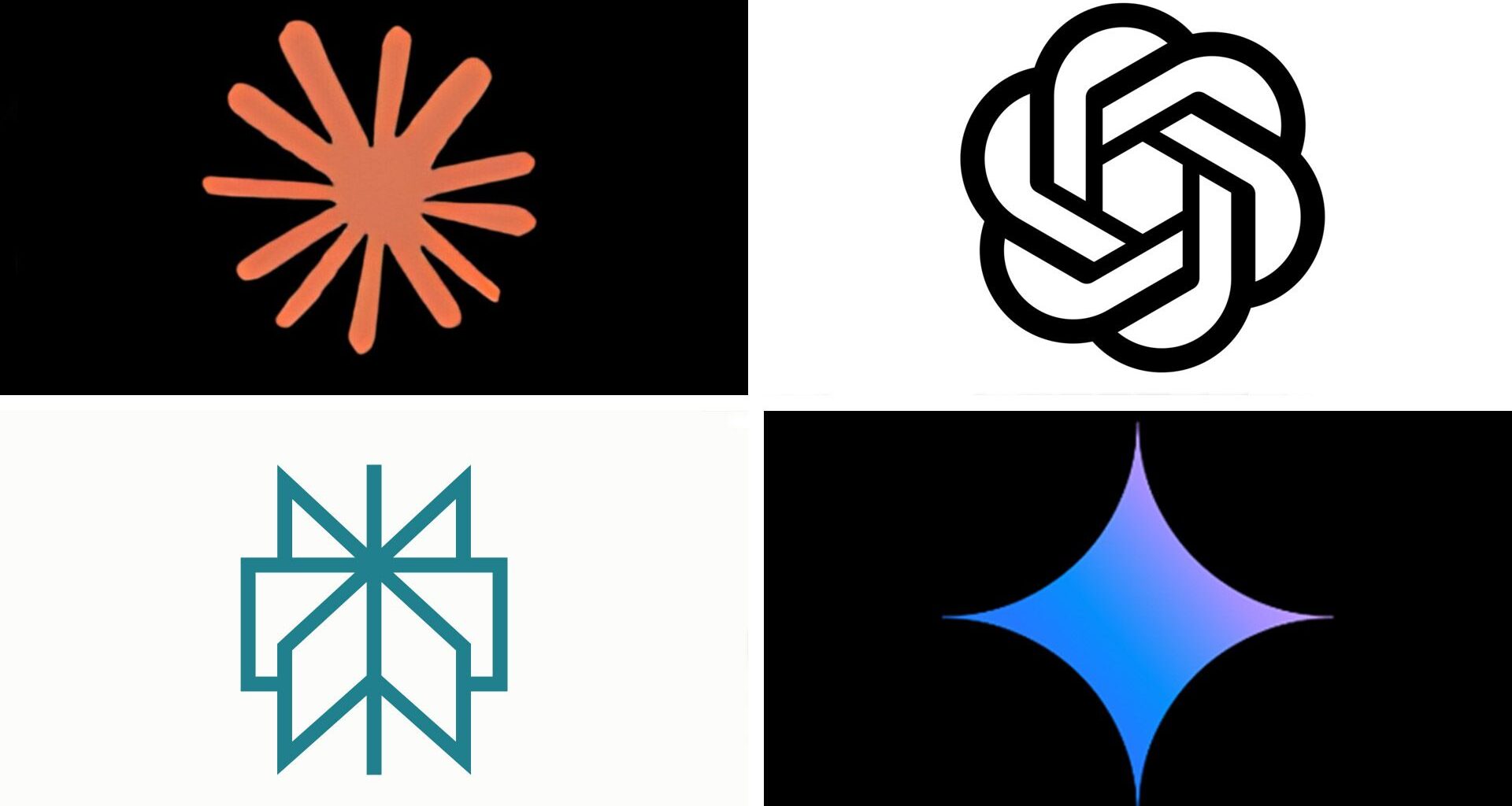 The Claude, ChatGPT, Google Gemini and Perplexity logos, clockwise from top left