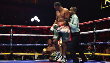 David Benavidez stands in the ring as referee intervenes after he knocks down Anthony Yarde during their light heavyweight fight on November 22, 2025, in Riyadh, Saudi Arabia.