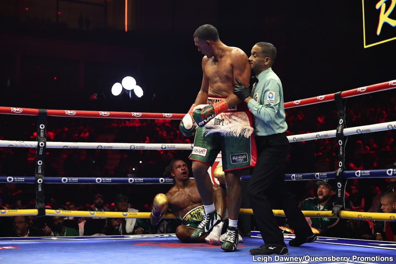 David Benavidez stands in the ring as referee intervenes after he knocks down Anthony Yarde during their light heavyweight fight on November 22, 2025, in Riyadh, Saudi Arabia.
