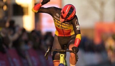 Belgian Thibau Nys celebrates as he crosses the finish line to win the men's elite race at the World Cup cyclocross cycling event in Dendermonde, Belgium, stage 8 (out of 12) of the UCI World Cup cyclocross competition, Sunday 28 December 2025.BELGA PHOTO DAVID PINTENS (Photo by DAVID PINTENS / BELGA MAG / Belga via AFP)